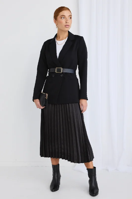 Radiant Black Washer Satin Pleated Midi Skirt