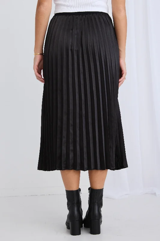 Radiant Black Washer Satin Pleated Midi Skirt