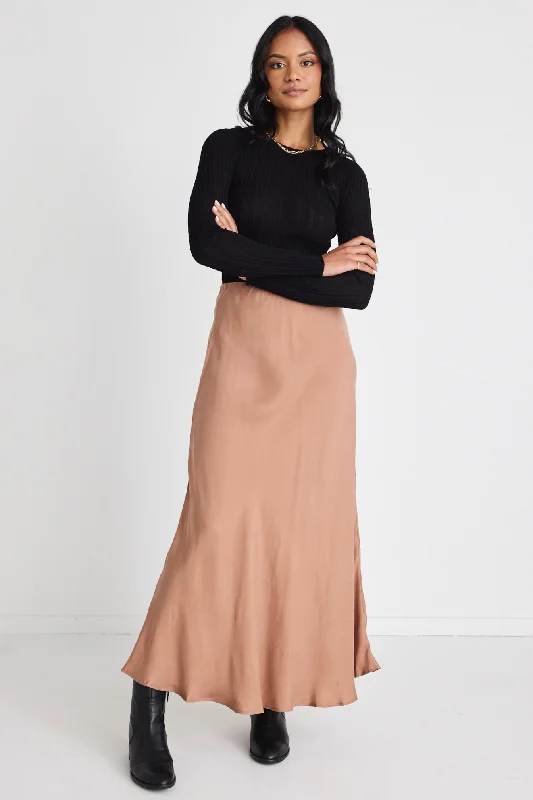 River Mocha Cupro Blend Floaty Bias Cut Midi Skirt