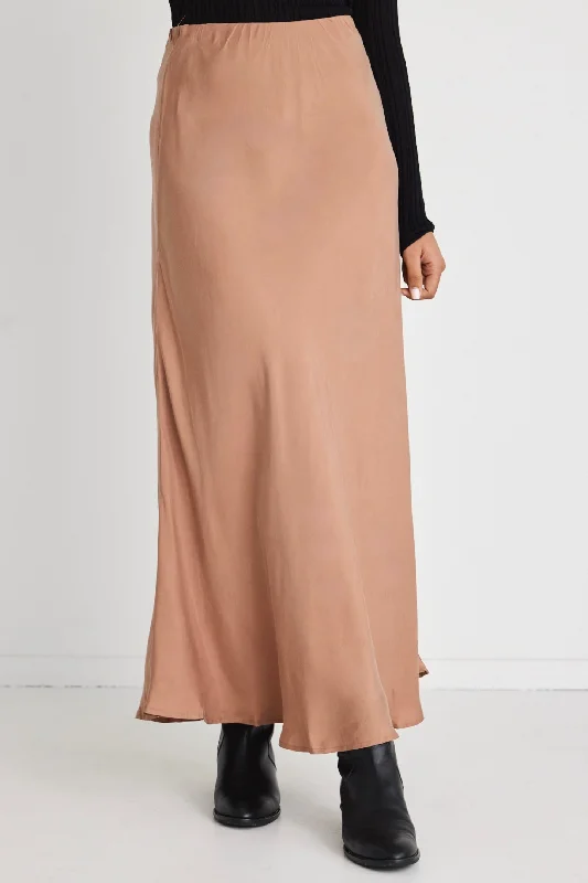 River Mocha Cupro Blend Floaty Bias Cut Midi Skirt