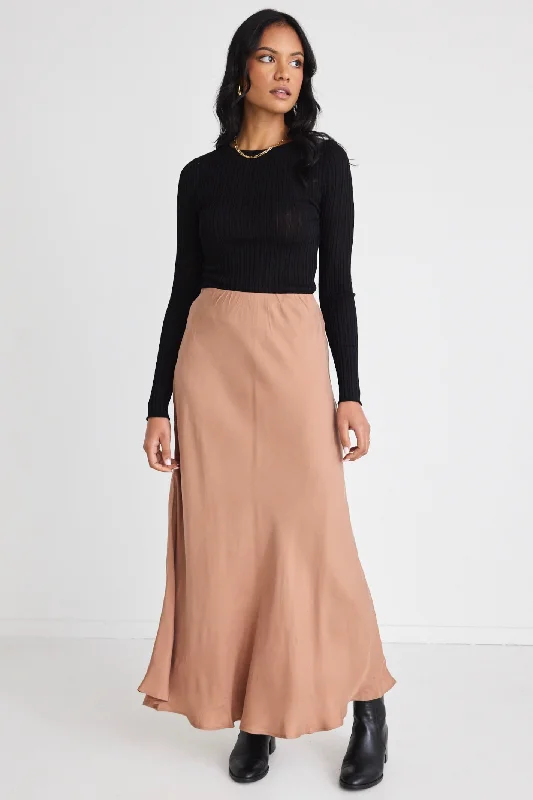 River Mocha Cupro Blend Floaty Bias Cut Midi Skirt