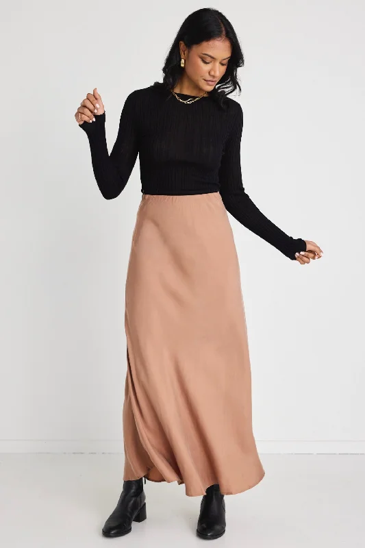 River Mocha Cupro Blend Floaty Bias Cut Midi Skirt