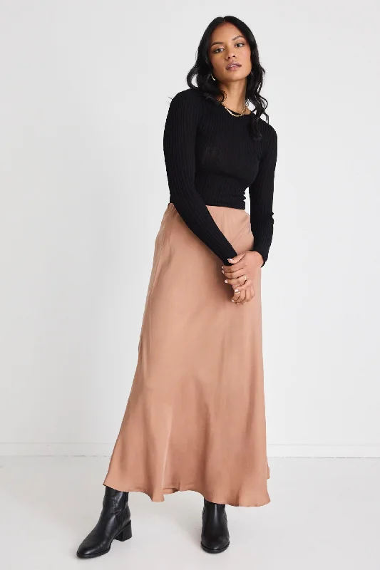 River Mocha Cupro Blend Floaty Bias Cut Midi Skirt