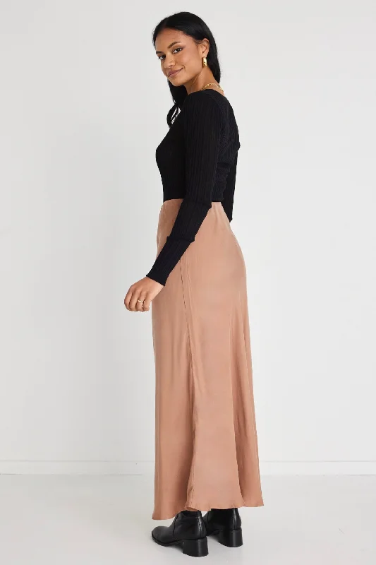 River Mocha Cupro Blend Floaty Bias Cut Midi Skirt