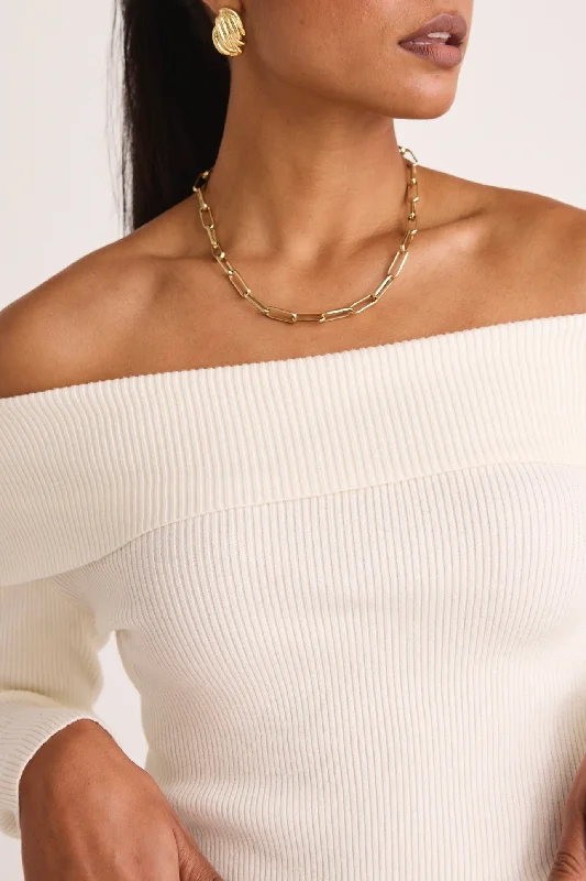 Sasha Winter White LS Off Shoulder Rib Knit Top