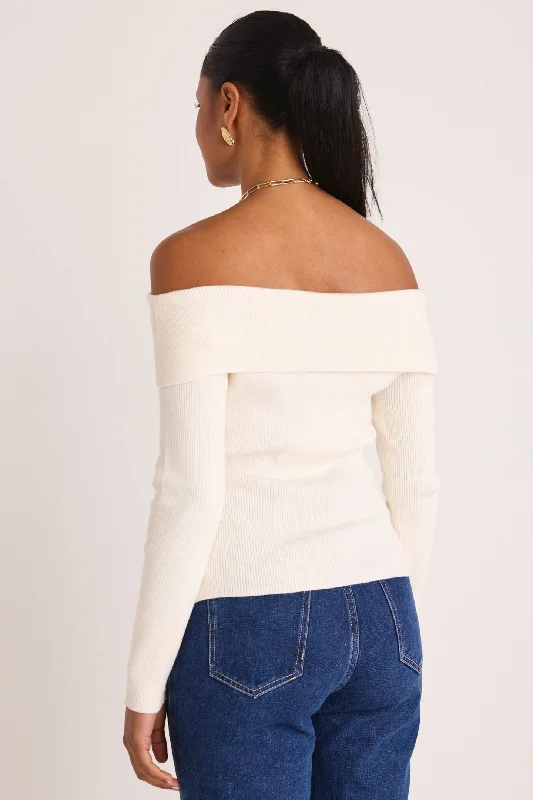 Sasha Winter White LS Off Shoulder Rib Knit Top