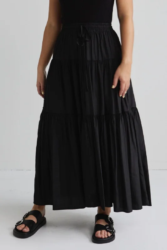 Sensational Black Tiered Satin Tie Waist Maxi Skirt