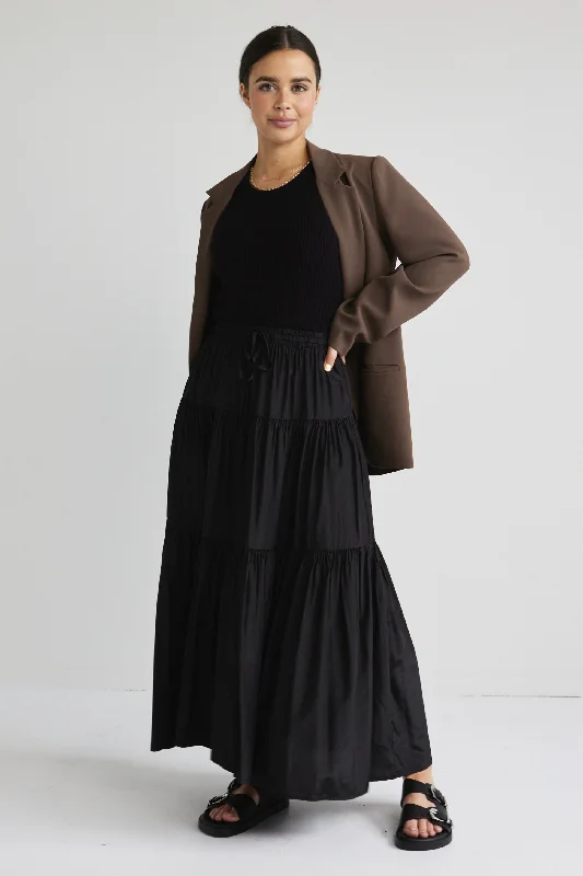 Sensational Black Tiered Satin Tie Waist Maxi Skirt