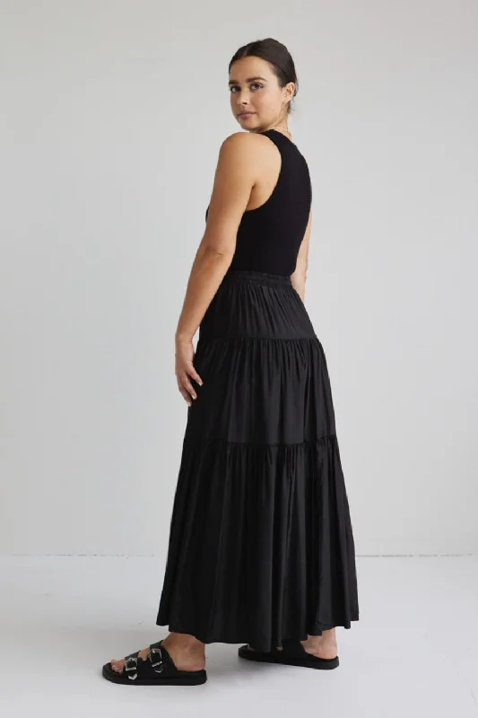 Sensational Black Tiered Satin Tie Waist Maxi Skirt