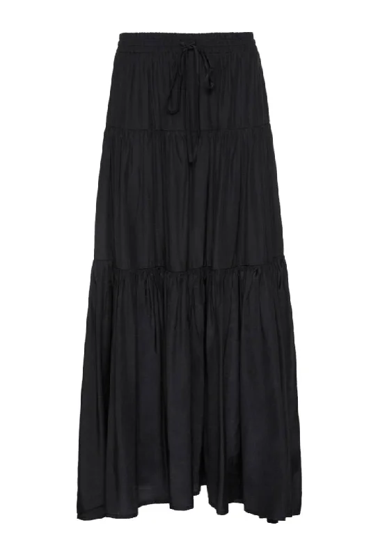 Sensational Black Tiered Satin Tie Waist Maxi Skirt