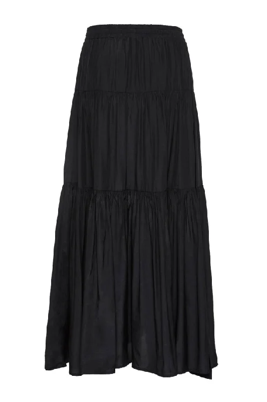 Sensational Black Tiered Satin Tie Waist Maxi Skirt