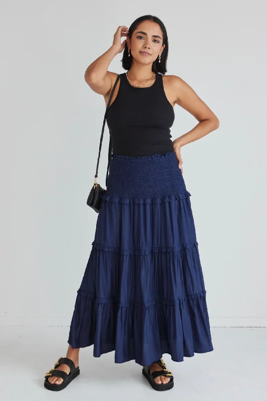 Soaring High Navy Washer Satin Shirred Waist Tiered Maxi Skirt