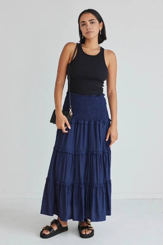 Soaring High Navy Washer Satin Shirred Waist Tiered Maxi Skirt