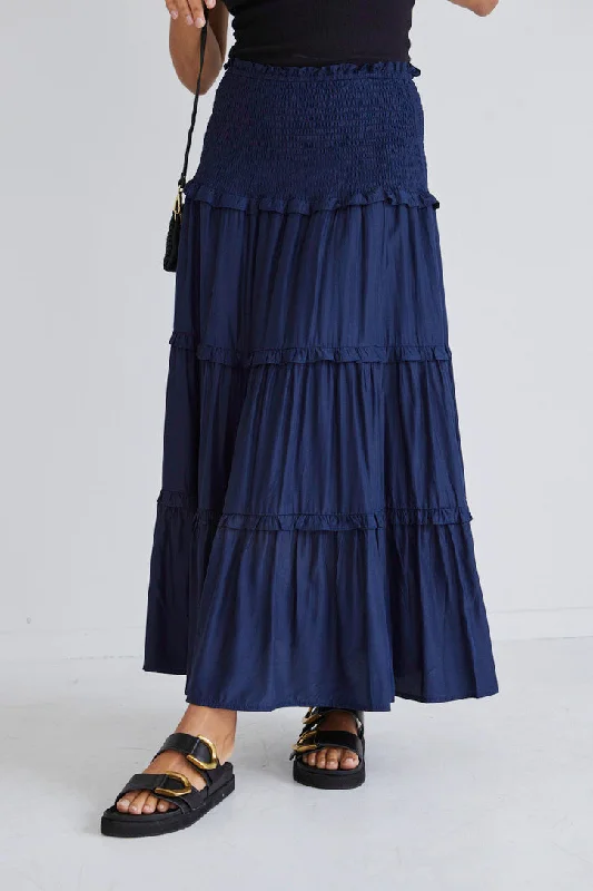 Soaring High Navy Washer Satin Shirred Waist Tiered Maxi Skirt