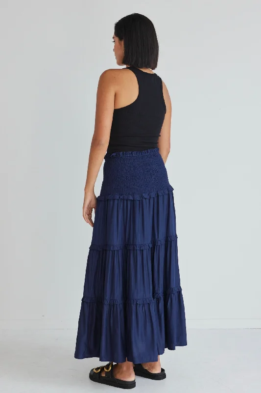 Soaring High Navy Washer Satin Shirred Waist Tiered Maxi Skirt