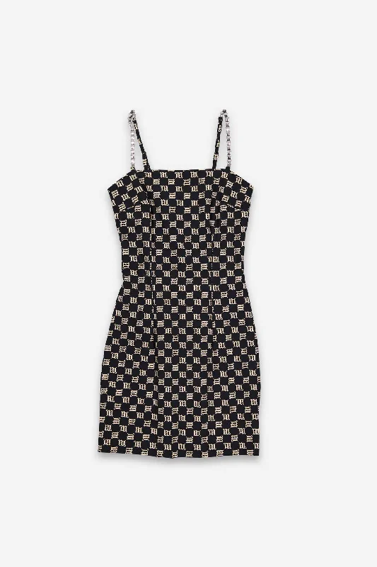 Monogram Spaghetti Mini Dress Black/ Beige