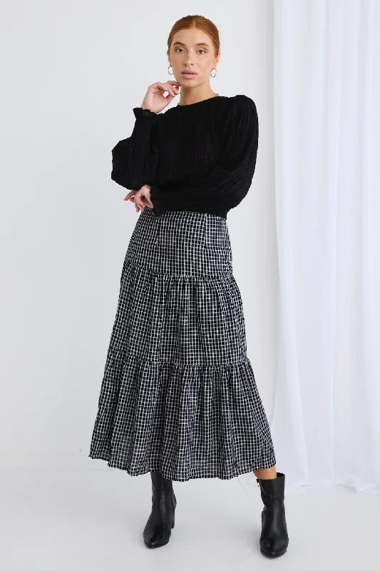 Stella Black Gingham Deep Basque Tiered Midi Skirt