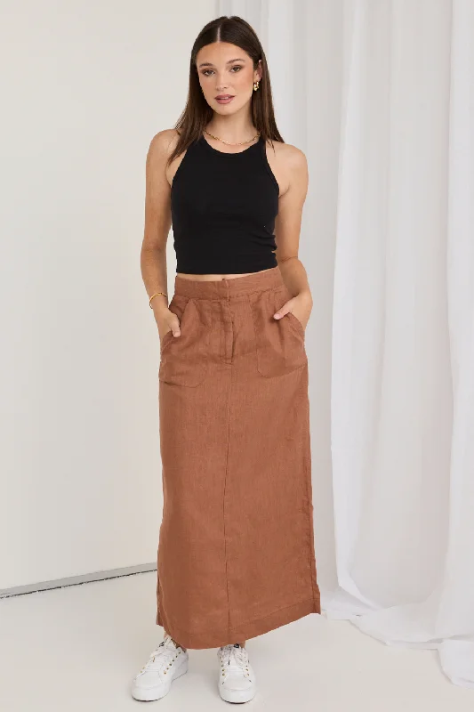 Tempt Mocha Linen Utilitarian Midi Skirt