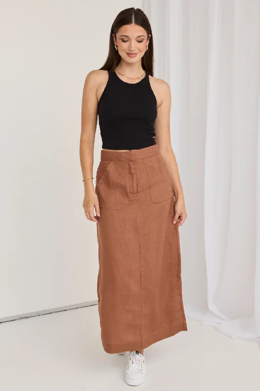 Tempt Mocha Linen Utilitarian Midi Skirt