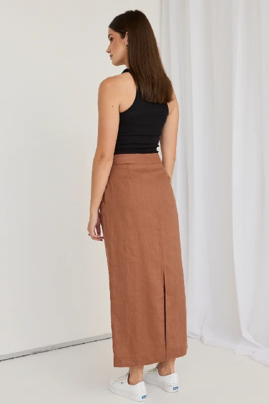 Tempt Mocha Linen Utilitarian Midi Skirt