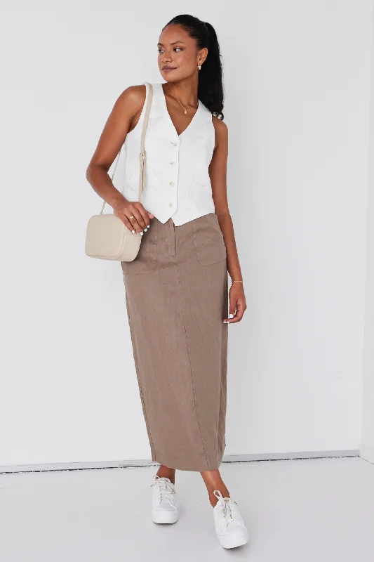 Tempt Taupe Linen Utilitarian Midi Skirt