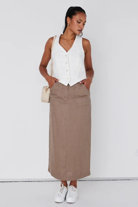 Tempt Taupe Linen Utilitarian Midi Skirt