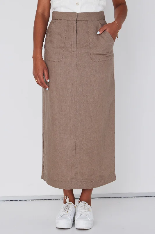 Tempt Taupe Linen Utilitarian Midi Skirt