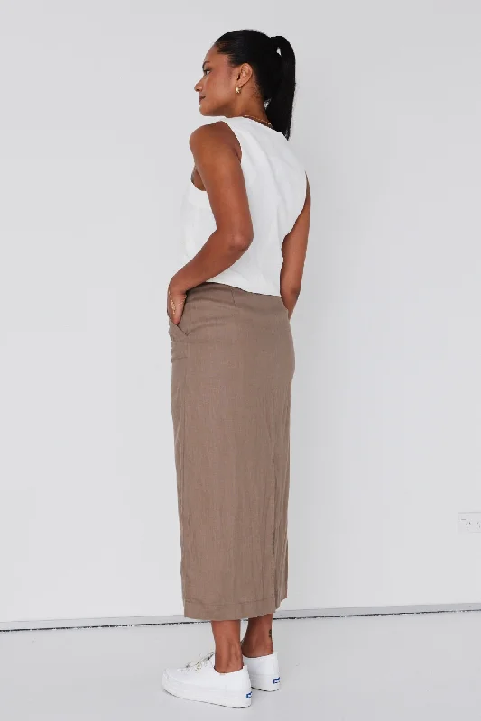 Tempt Taupe Linen Utilitarian Midi Skirt