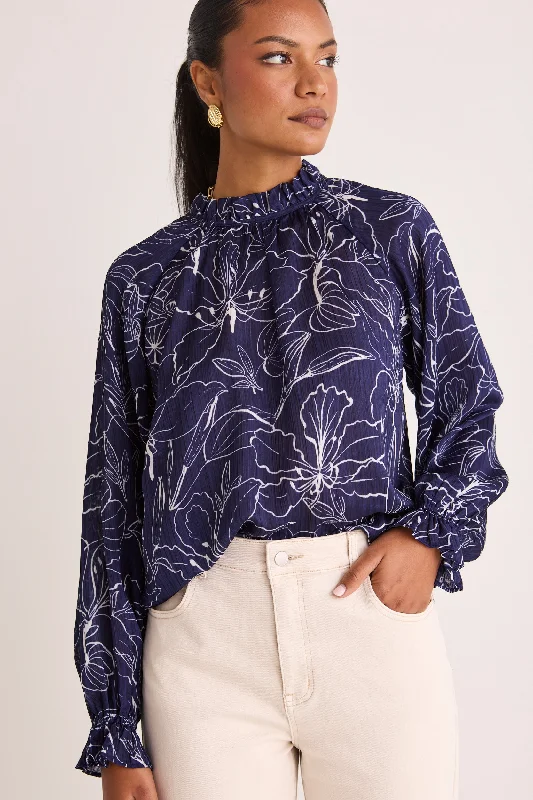 Together Blue Hibiscus LS Frill Neck Top