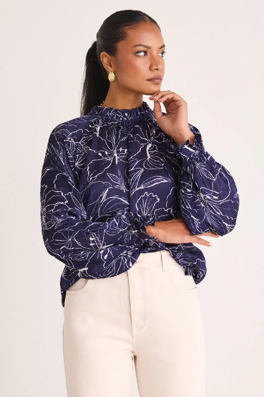 Together Blue Hibiscus LS Frill Neck Top