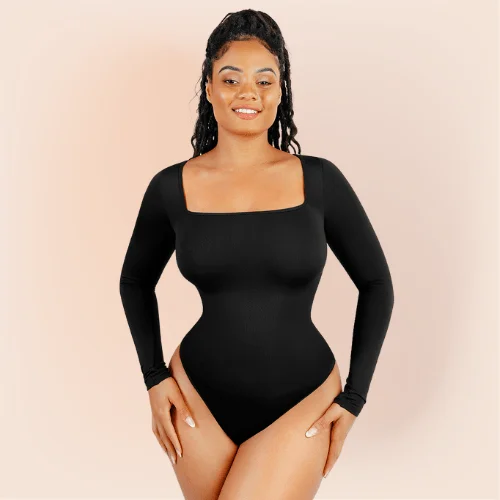 Women's Square Neck Long Sleeve Tummy Control Shapewear Bodysuit