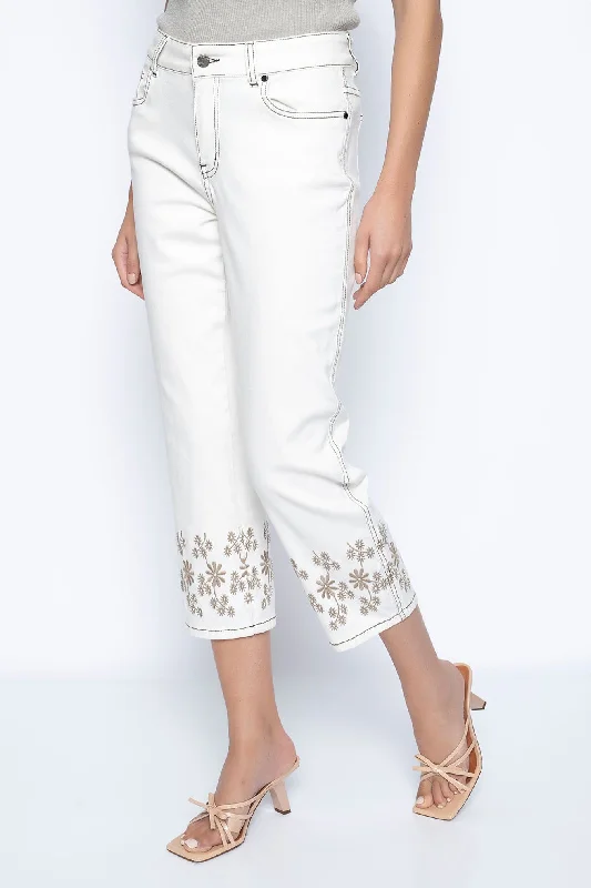 Embroidered Wide-Leg Cropped Jeans