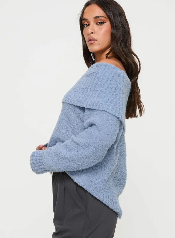 Parkley Boucle Off The Shoulder Sweater Blue