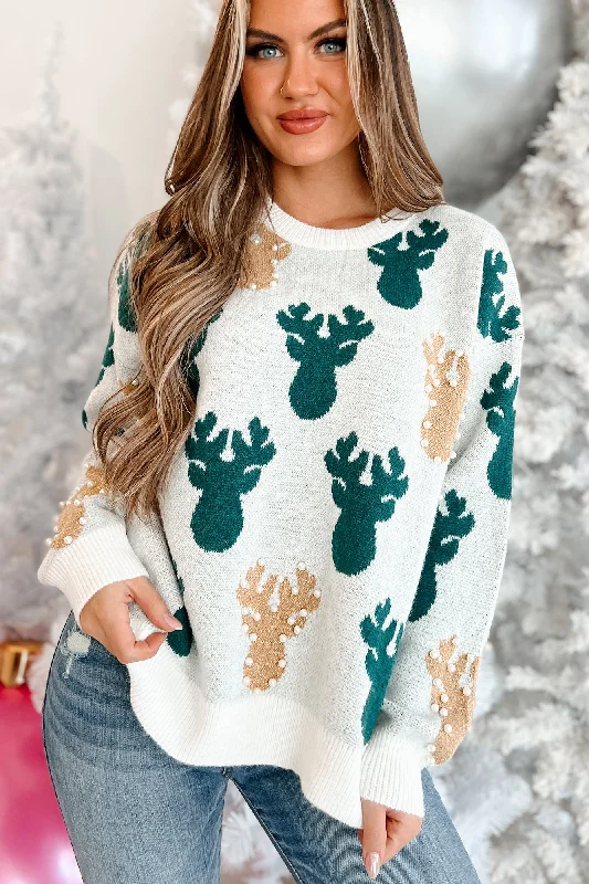 Sleighing The Game Pearl Beaded Holiday Sweater (Ivory/Hunter)